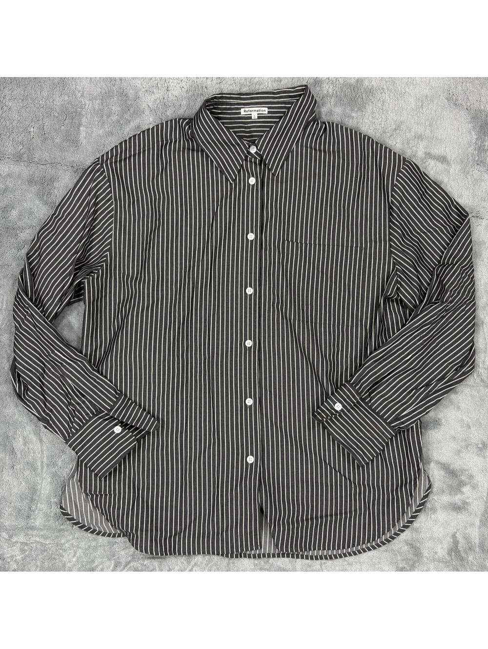 Reformation Women's L Black White Pinstripe Button Down Shirt Stretch Rayon